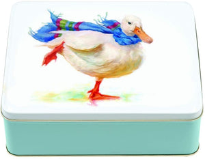 Lata cuadrada con dibujo de un pato con bufanda