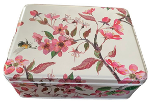 Caja de lata rectangular con diseño del flores de almendro