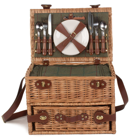 Cesta de pic-nic para cuatro personas en mimbre y tweed